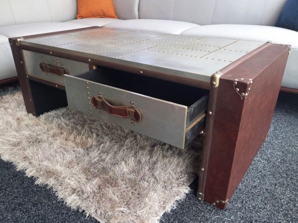 Aluminium & Faux Leather Aviator Style coffee table & drawers